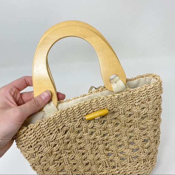 Boho Woven Straw Hand Bag with Wood Handles - Picture 3 of 4